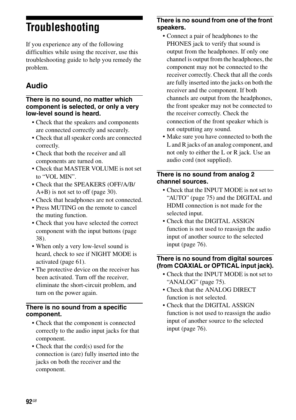 Troubleshooting, Audio | Sony 3-289-450-44(1) User Manual | Page 92 / 100