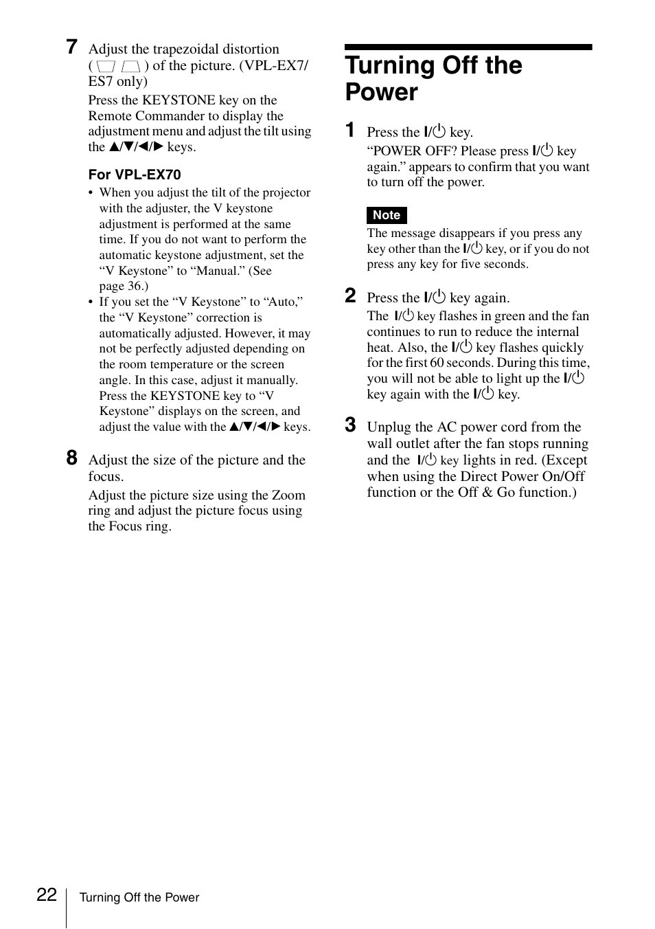 Turning off the power | Sony VPL ES7 User Manual | Page 22 / 61