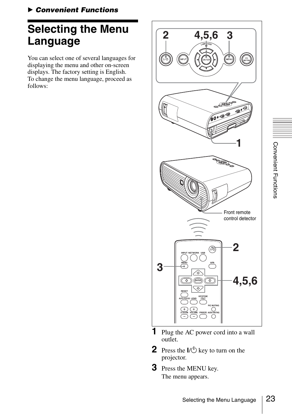 Convenient functions, Selecting the menu language, B convenient functions | Sony VPL ES7 User Manual | Page 23 / 61