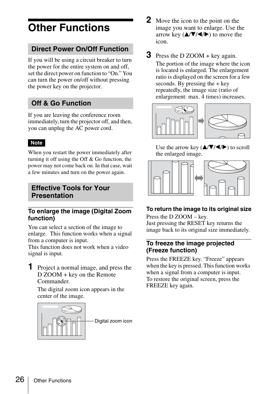 Other functions, Direct power on/off function, Off & go function | Effective tools for your presentation, Presentation | Sony VPL ES7 User Manual | Page 26 / 61