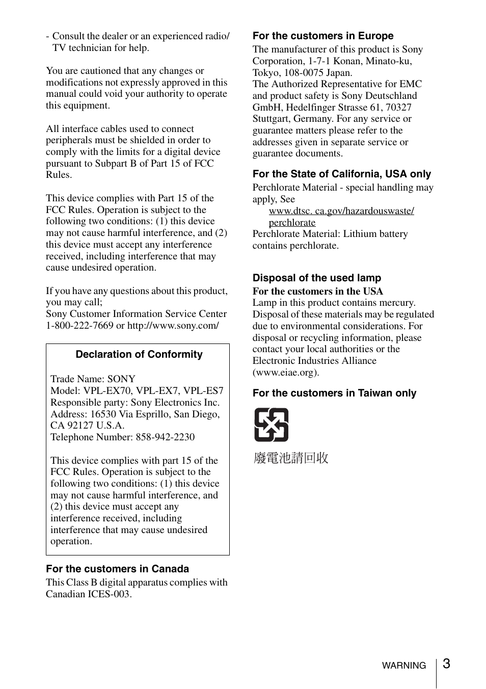 Sony VPL ES7 User Manual | Page 3 / 61