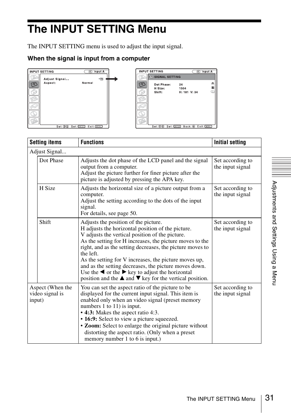 The input setting menu | Sony VPL ES7 User Manual | Page 31 / 61