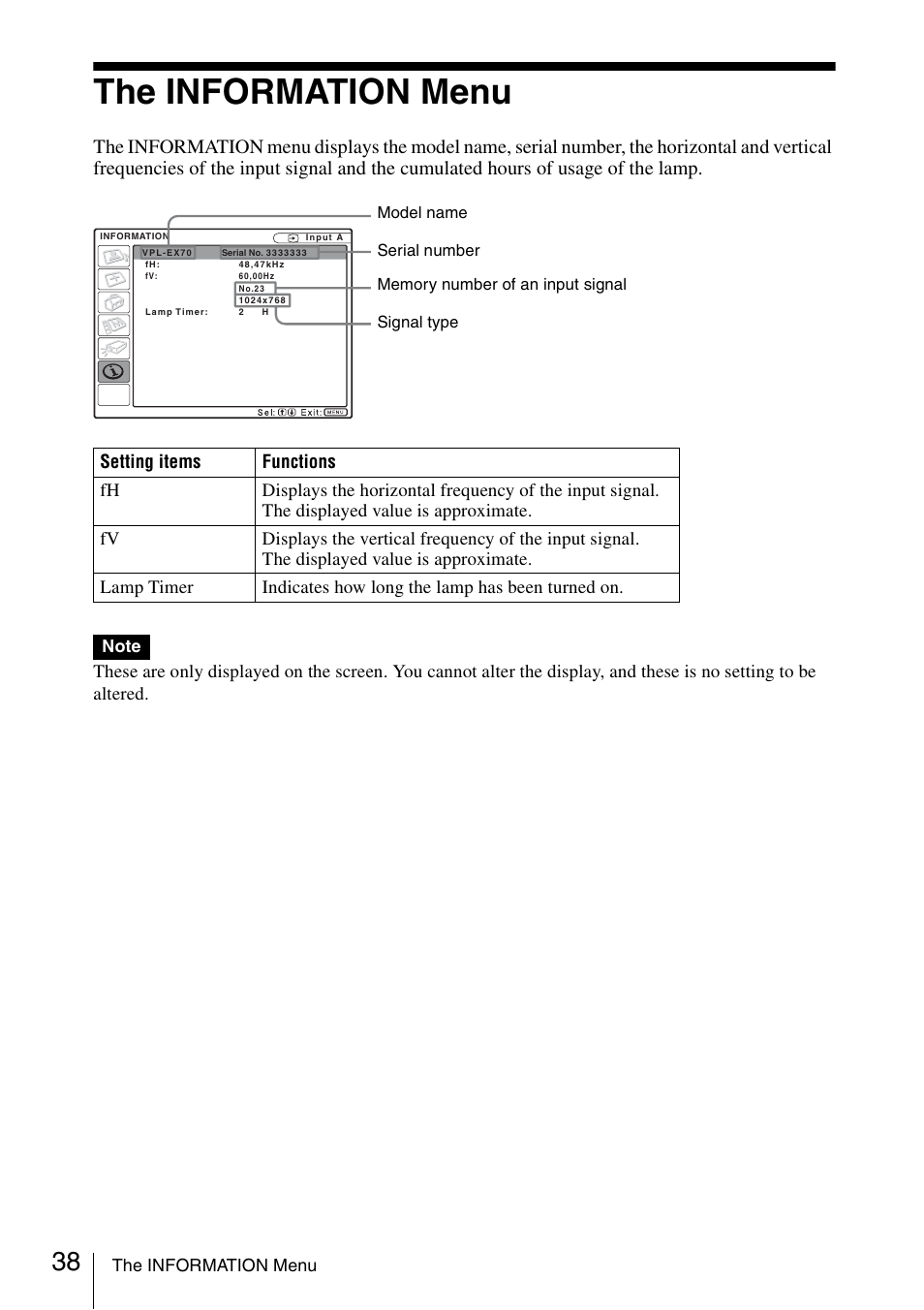 The information menu | Sony VPL ES7 User Manual | Page 38 / 61