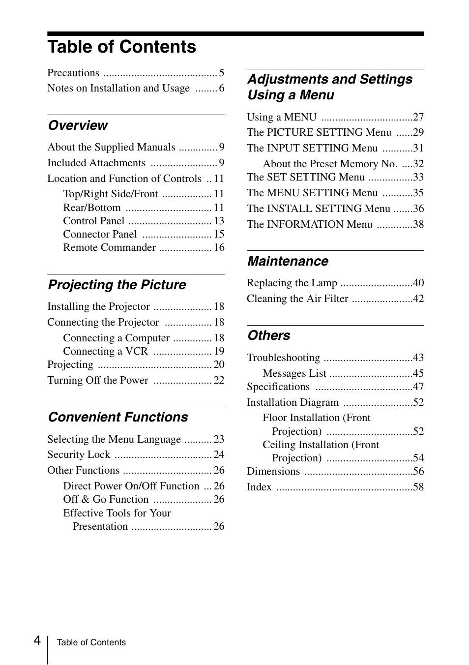 Sony VPL ES7 User Manual | Page 4 / 61