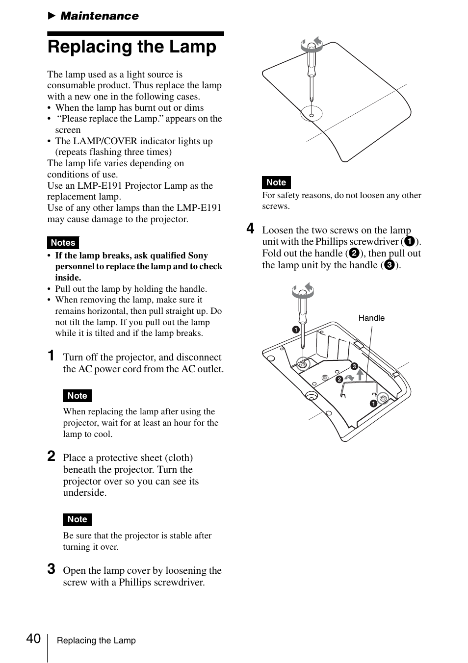 Maintenance, Replacing the lamp | Sony VPL ES7 User Manual | Page 40 / 61