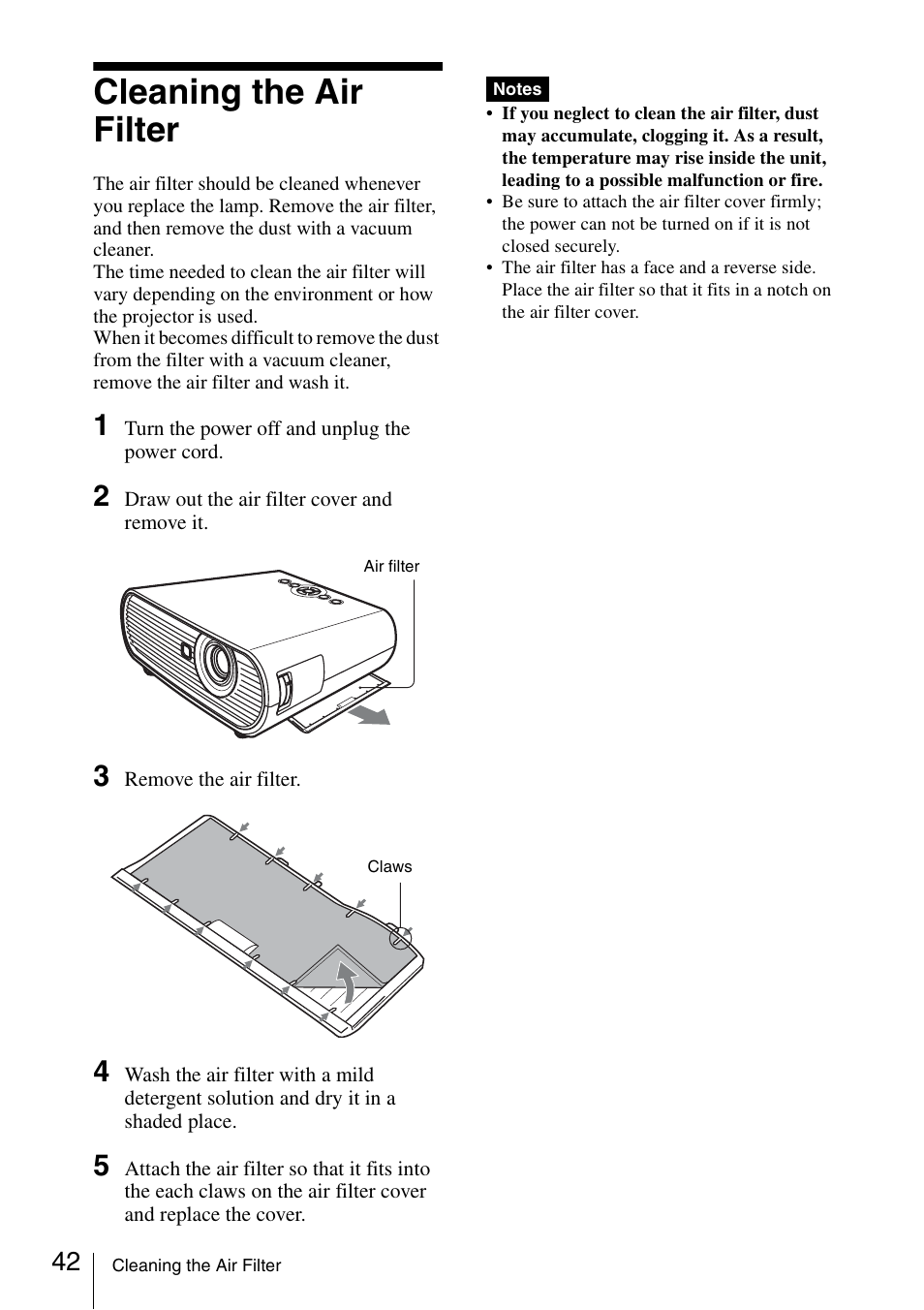 Cleaning the air filter | Sony VPL ES7 User Manual | Page 42 / 61