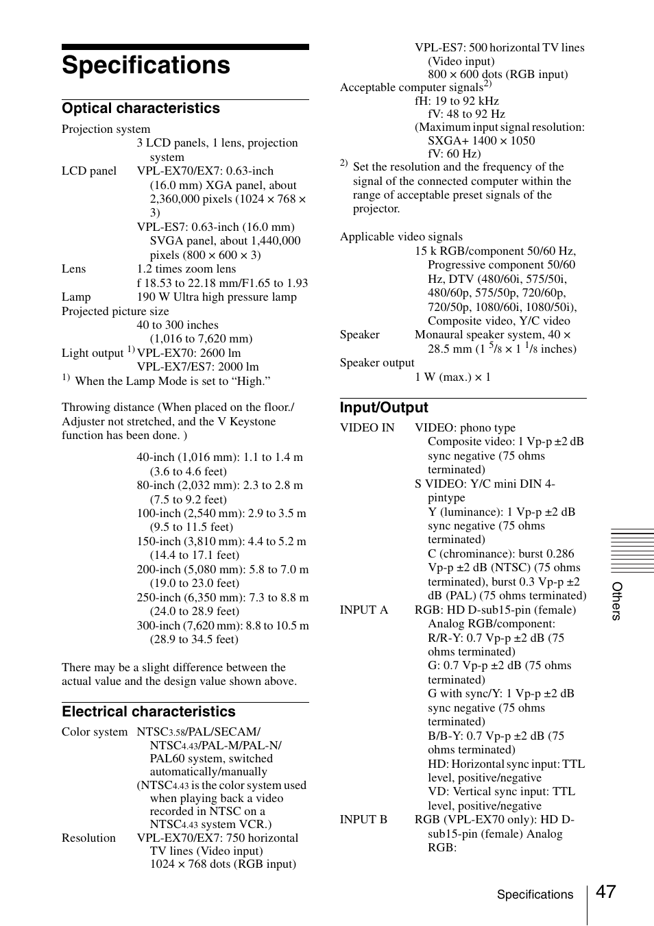 Specifications, Optical characteristics, Electrical characteristics | Input/output | Sony VPL ES7 User Manual | Page 47 / 61