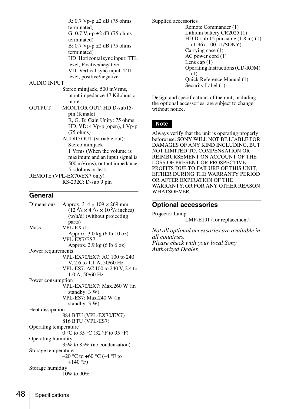 General, Optional accessories | Sony VPL ES7 User Manual | Page 48 / 61