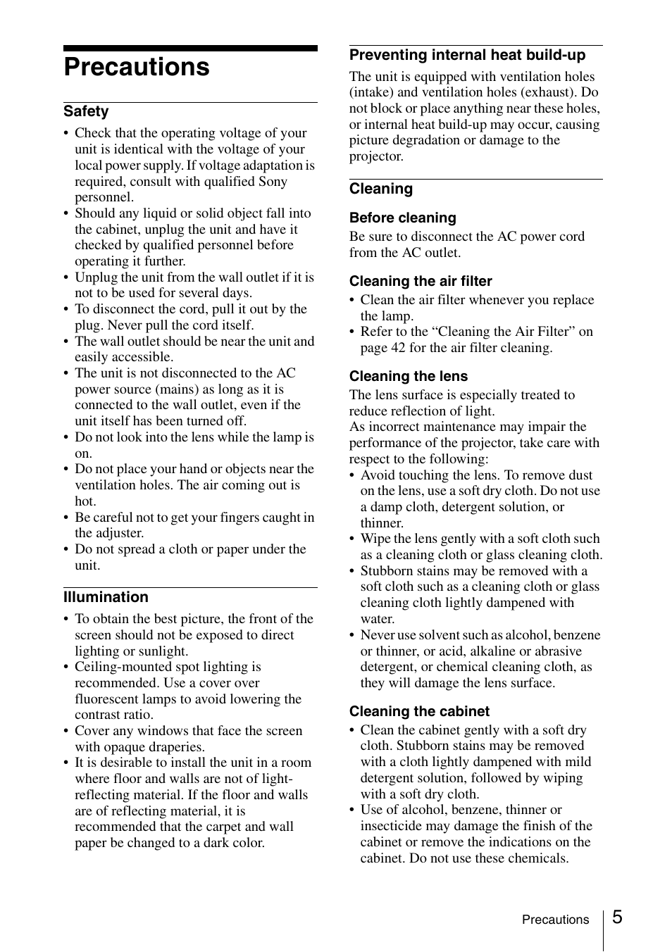 Precautions | Sony VPL ES7 User Manual | Page 5 / 61