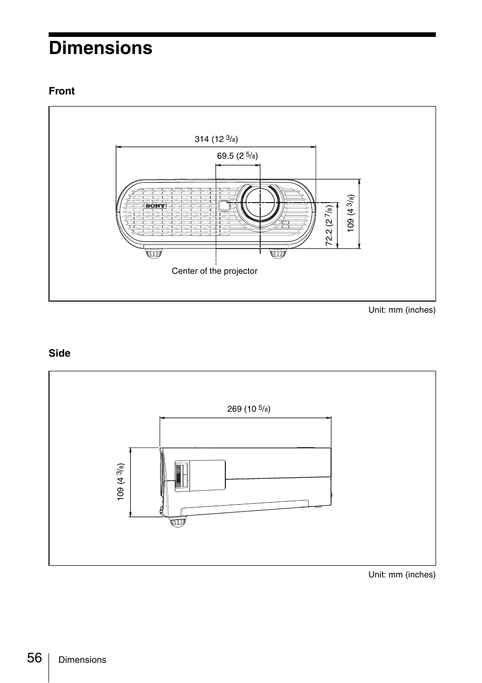 Dimensions, Front, Side | Sony VPL ES7 User Manual | Page 56 / 61