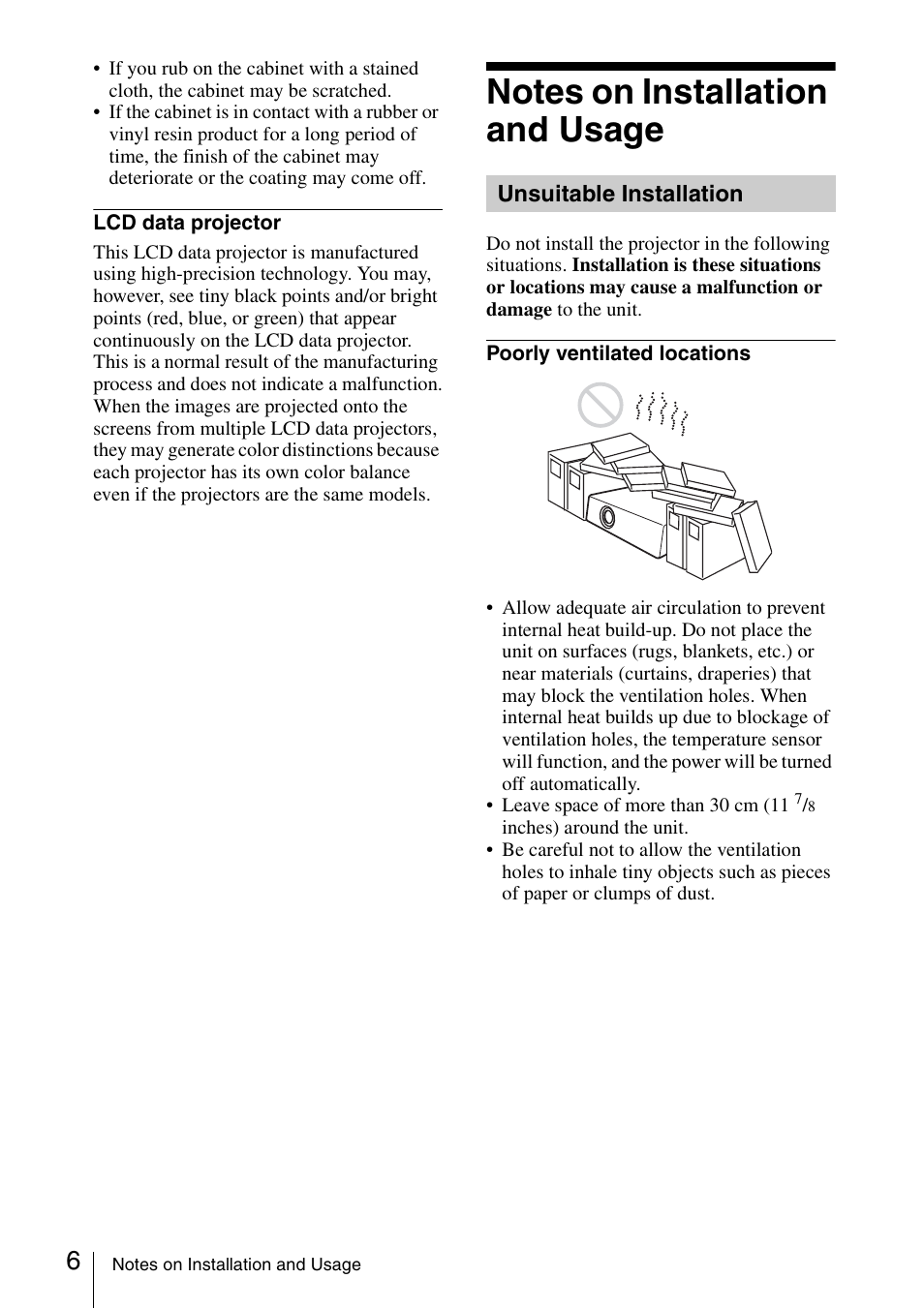 Notes on installation and usage | Sony VPL ES7 User Manual | Page 6 / 61