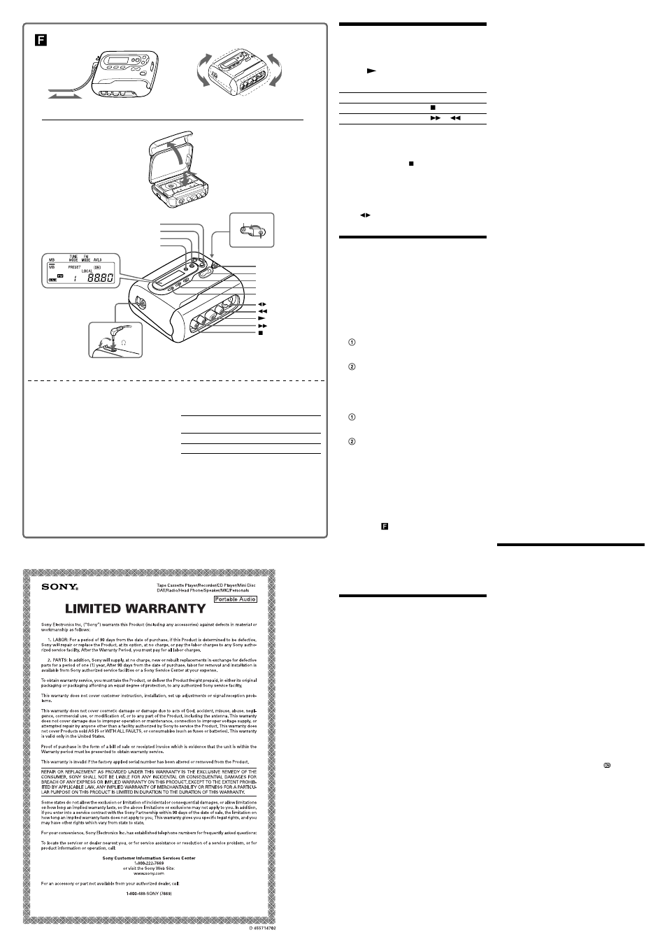 Playing a tape, Listening to the radio, Presetting radio stations | Using other functions, Specifications | Sony WM-FS566 User Manual | Page 2 / 2