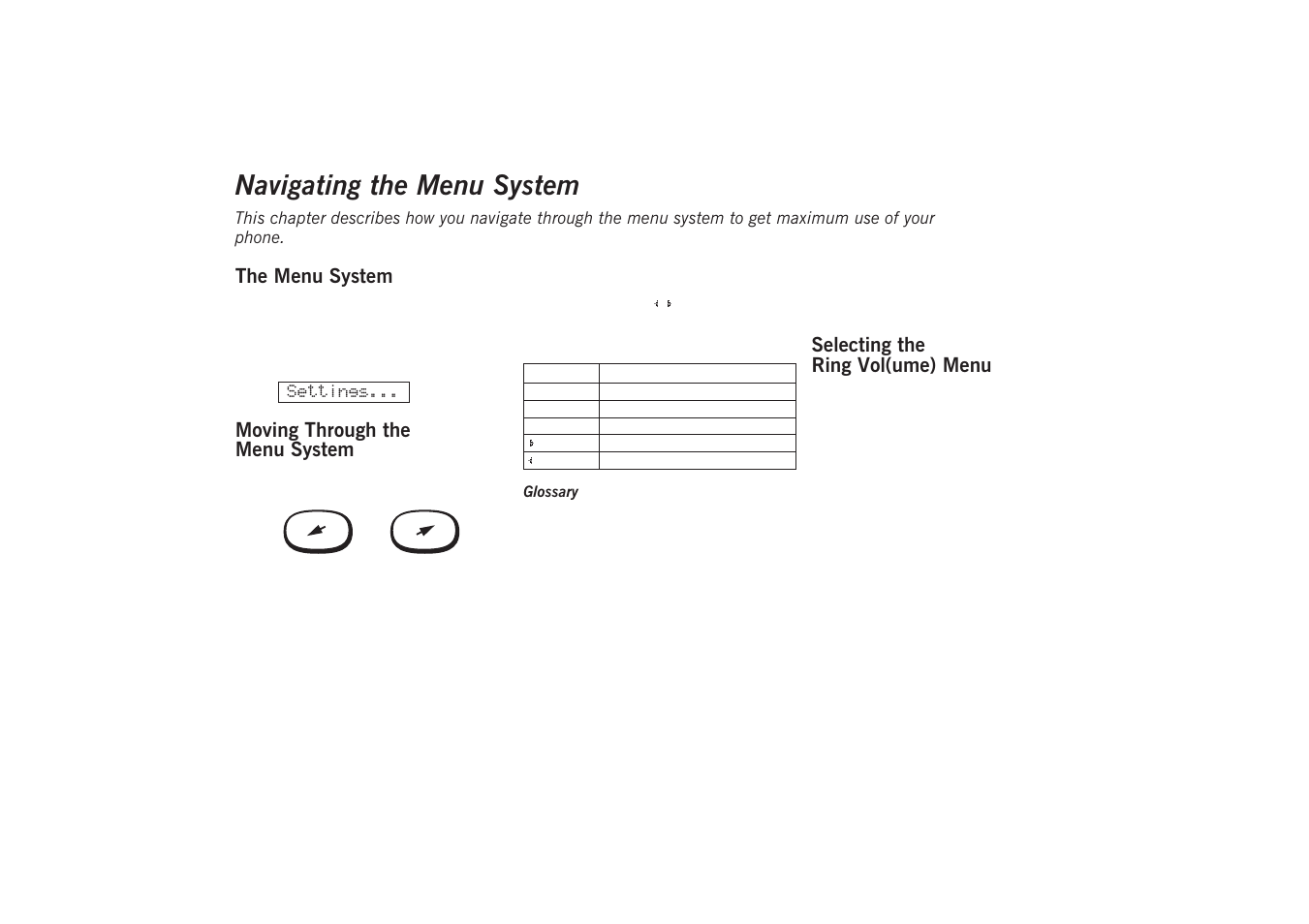 Navigating the menu system, The menu system, Moving through the menu system | Selecting the ring vol(ume) menu, Navigating the, Menu system | Sony GA628 User Manual | Page 18 / 38