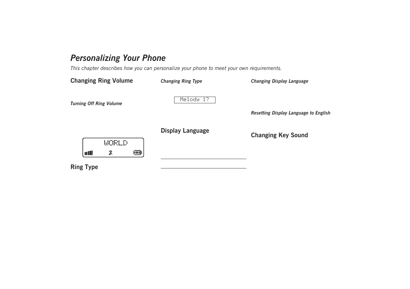 Personalizing your phone, Changing ring volume, Ring type | Display language, Changing key sound | Sony GA628 User Manual | Page 23 / 38