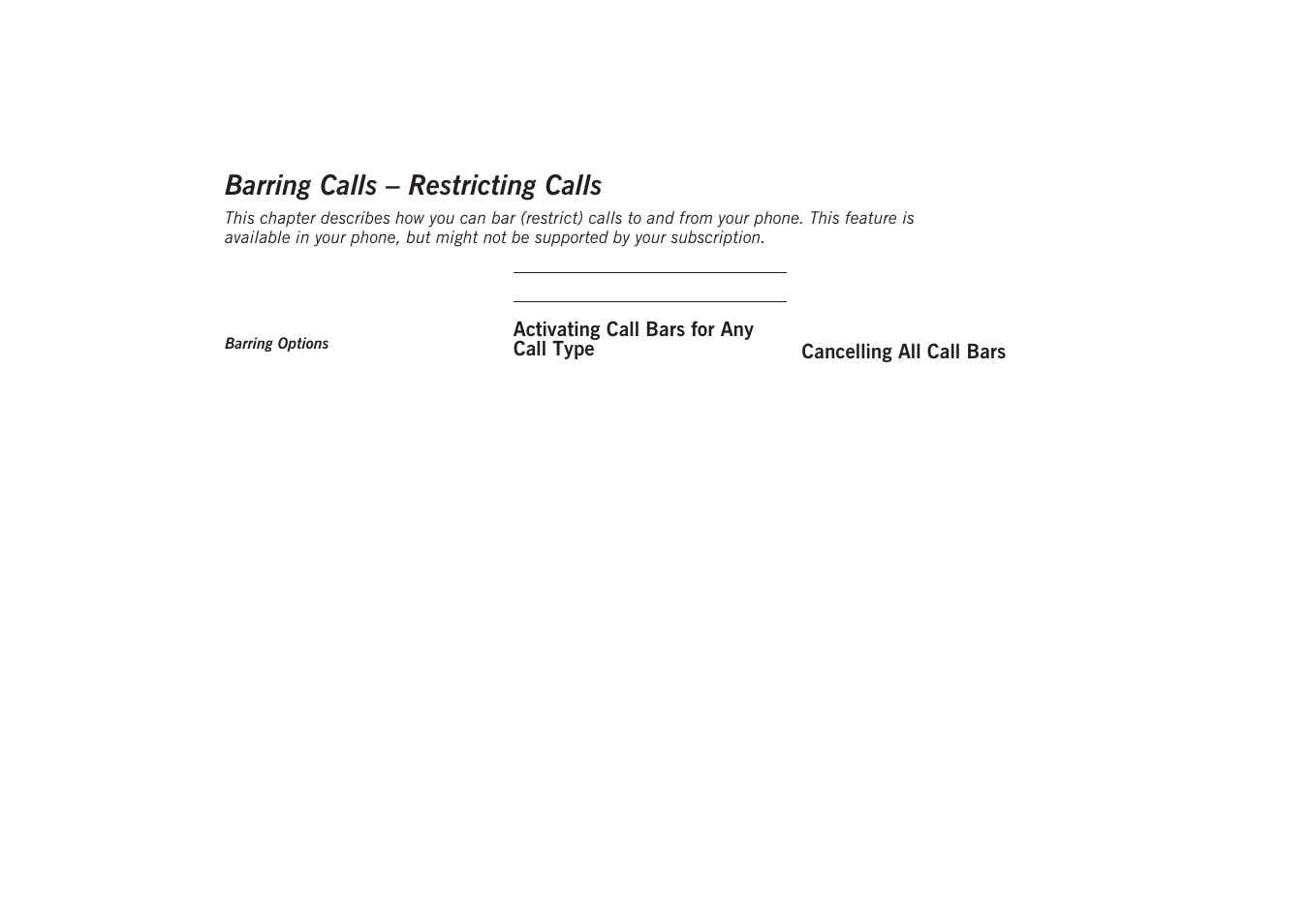 Barring calls - restricting calls, Activating call bars for any call type, Cancelling all call bars | Barring calls, Restricting calls, Barring calls – restricting calls | Sony GA628 User Manual | Page 27 / 38