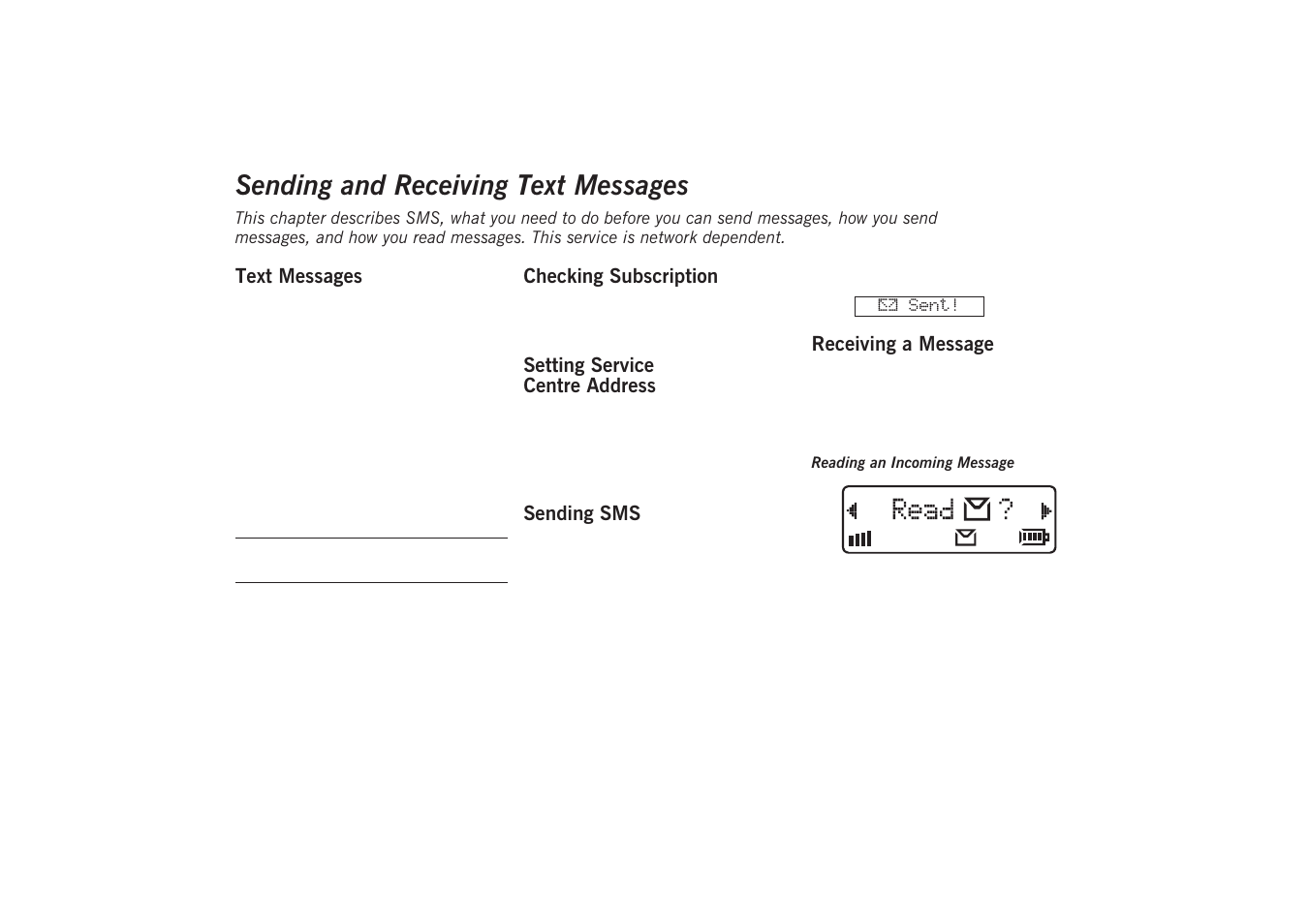 Sending and receiving text messages, Text messages, Checking subscription | Setting service centre address, Sending sms, Receiving a message, Sending and receiving | Sony GA628 User Manual | Page 28 / 38