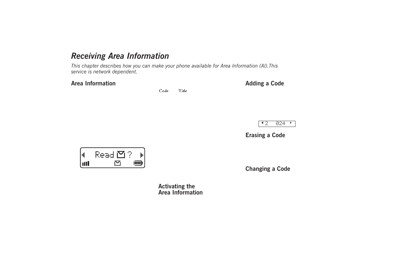 Receiving area information, Receiving area information 23, Area information | Activating the area information, Adding a code, Erasing a code, Changing a code | Sony GA628 User Manual | Page 30 / 38