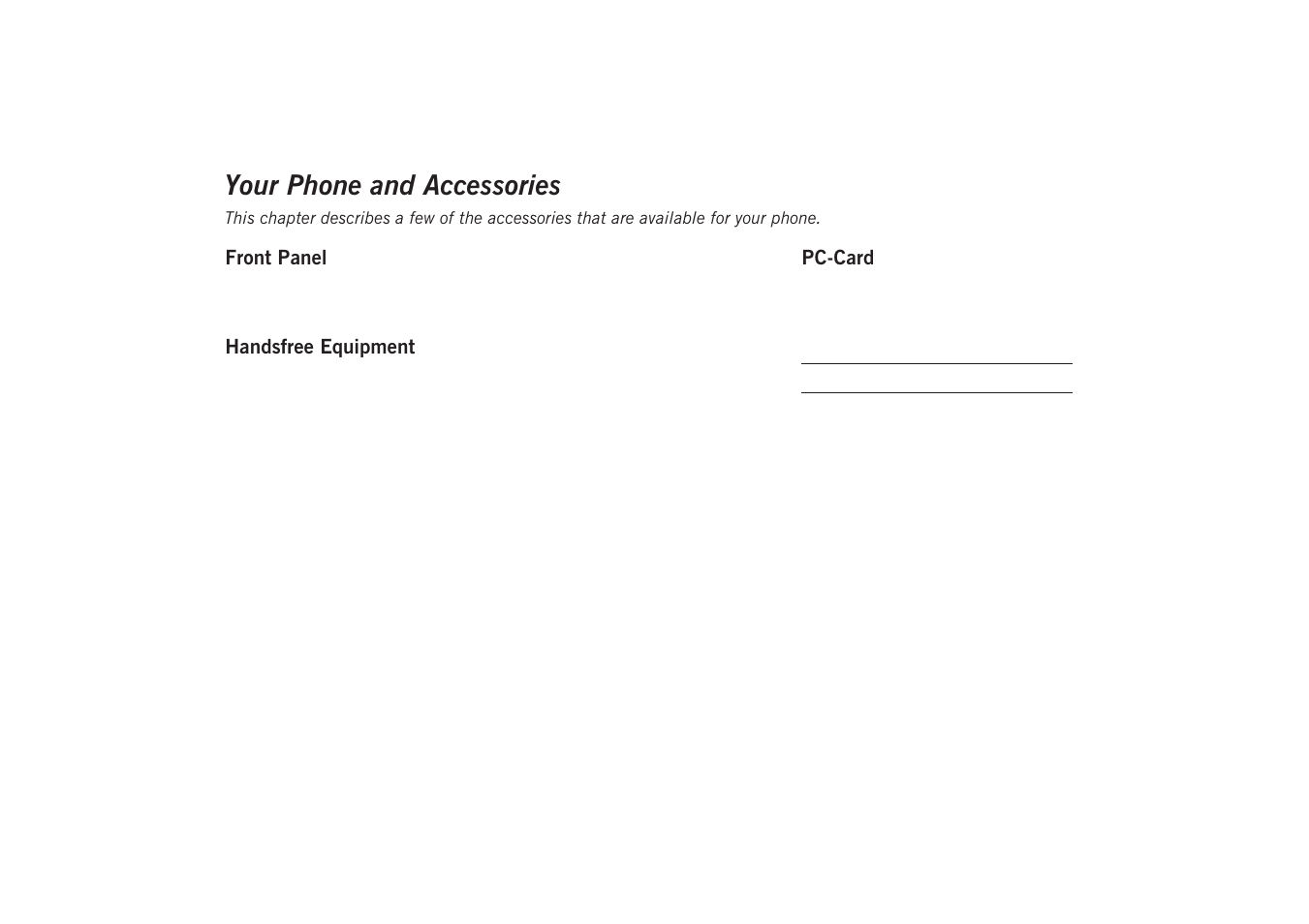 Your phone and accessories, Your phone and, Accessories | Front panel, Handsfree equipment, Pc-card | Sony GA628 User Manual | Page 35 / 38