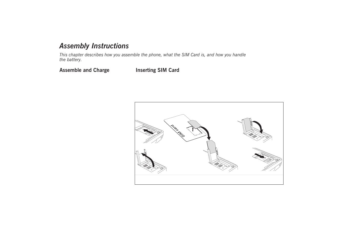 Assembly instructions, Assemble and charge, Inserting sim card | Sony GA628 User Manual | Page 9 / 38