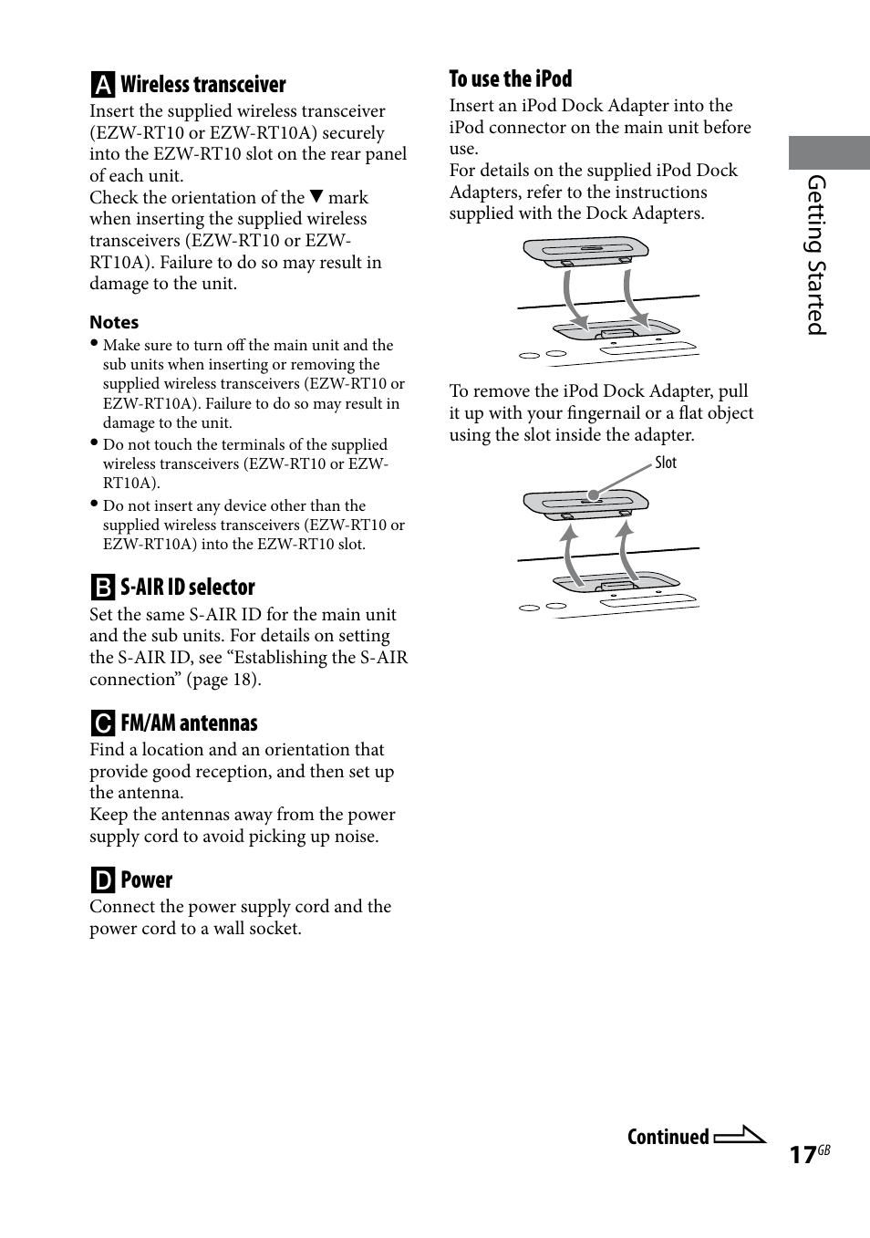 Getting .star ted, Wireless transceiver, S-air id selector | Fm/am antennas, Power | Sony AIR-SA20PK User Manual | Page 17 / 44