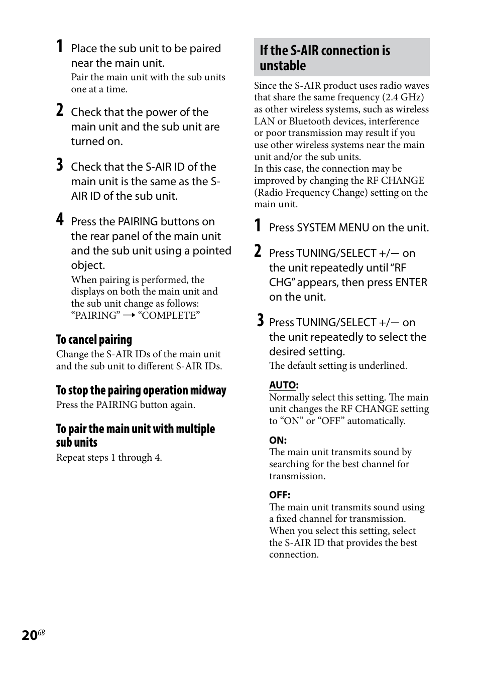 If the s-air connection is unstable | Sony AIR-SA20PK User Manual | Page 20 / 44