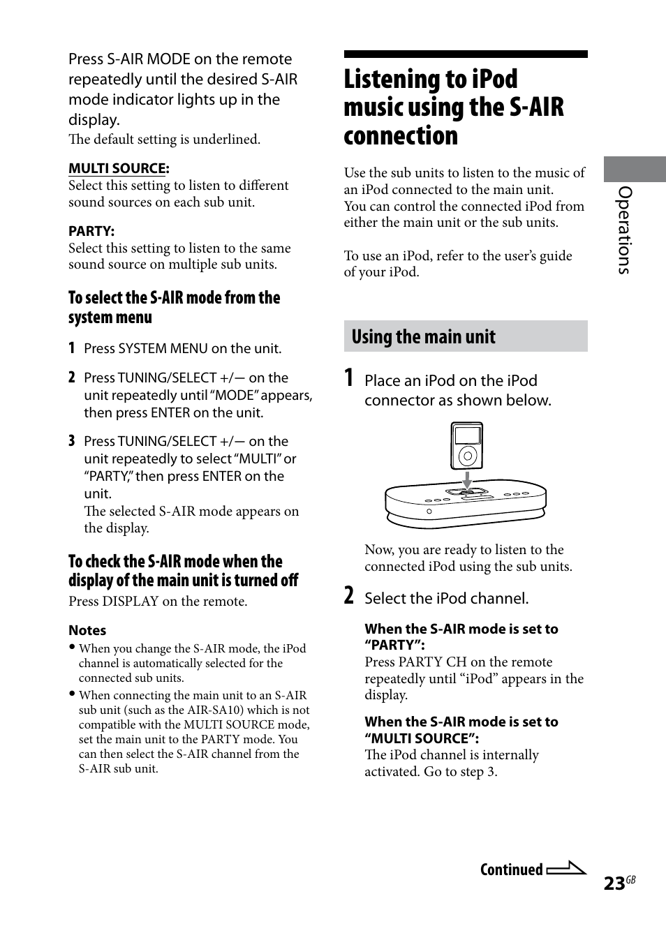 Listening to ipod music using the s-air connection, Listening.to.ipod.music.using.the, S-air.connection | Using the main unit, Oper ations | Sony AIR-SA20PK User Manual | Page 23 / 44