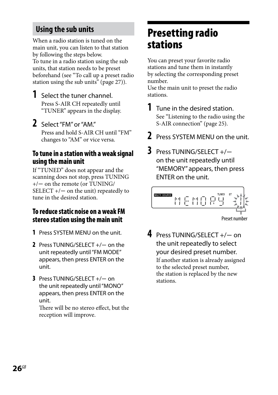 Presetting radio stations, Presetting.radio.stations, Using the sub units | Sony AIR-SA20PK User Manual | Page 26 / 44