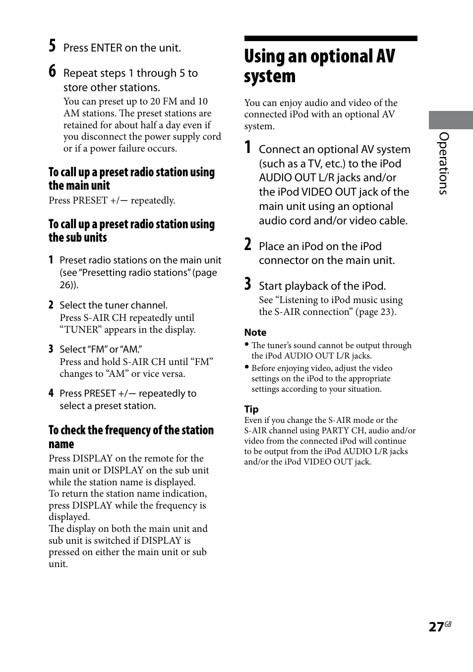 Using an optional av system, Using.an.optional.av.system, Oper ations | Sony AIR-SA20PK User Manual | Page 27 / 44