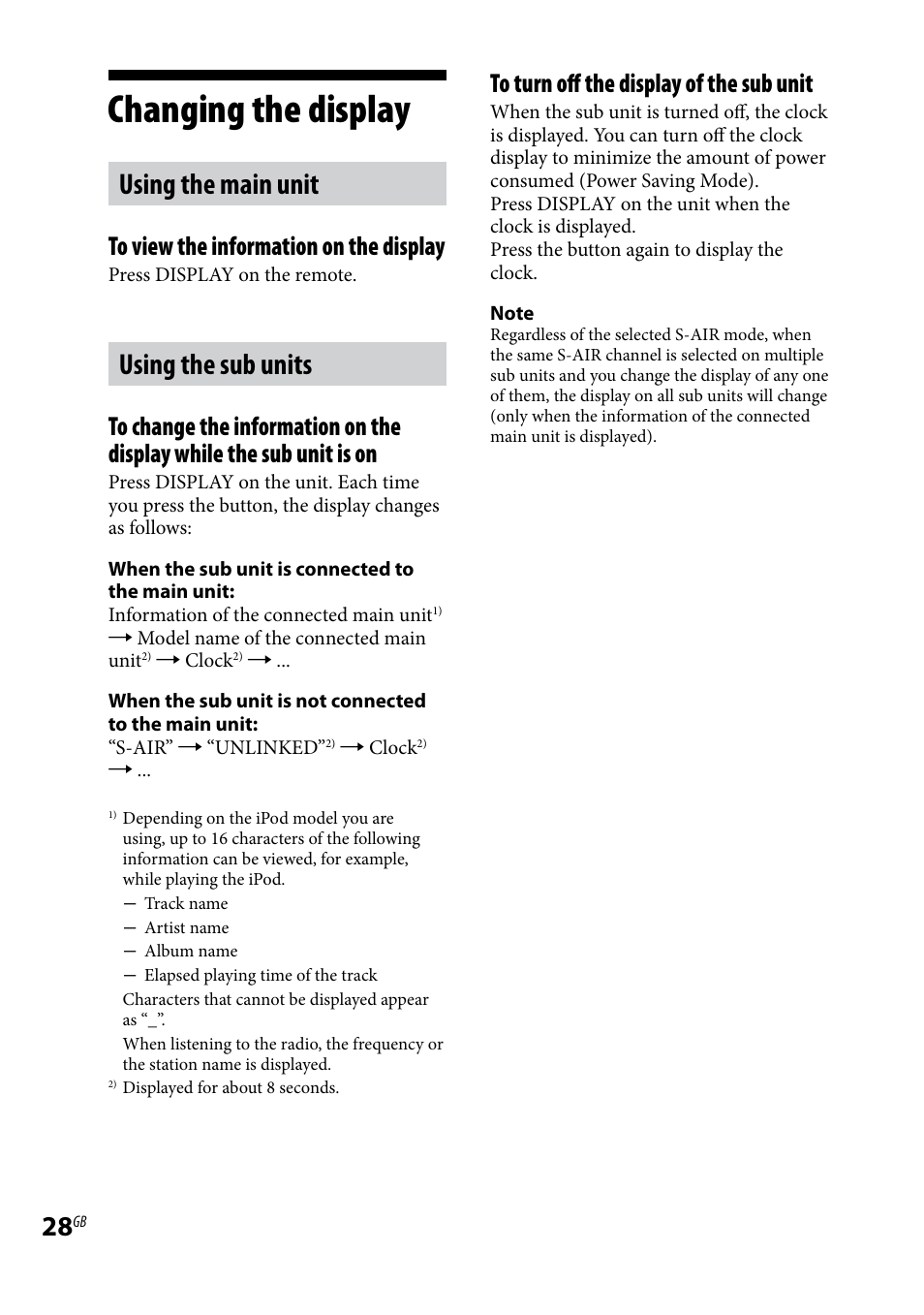 Changing the display, Changing.the.display, Using the main unit | Using the sub units | Sony AIR-SA20PK User Manual | Page 28 / 44