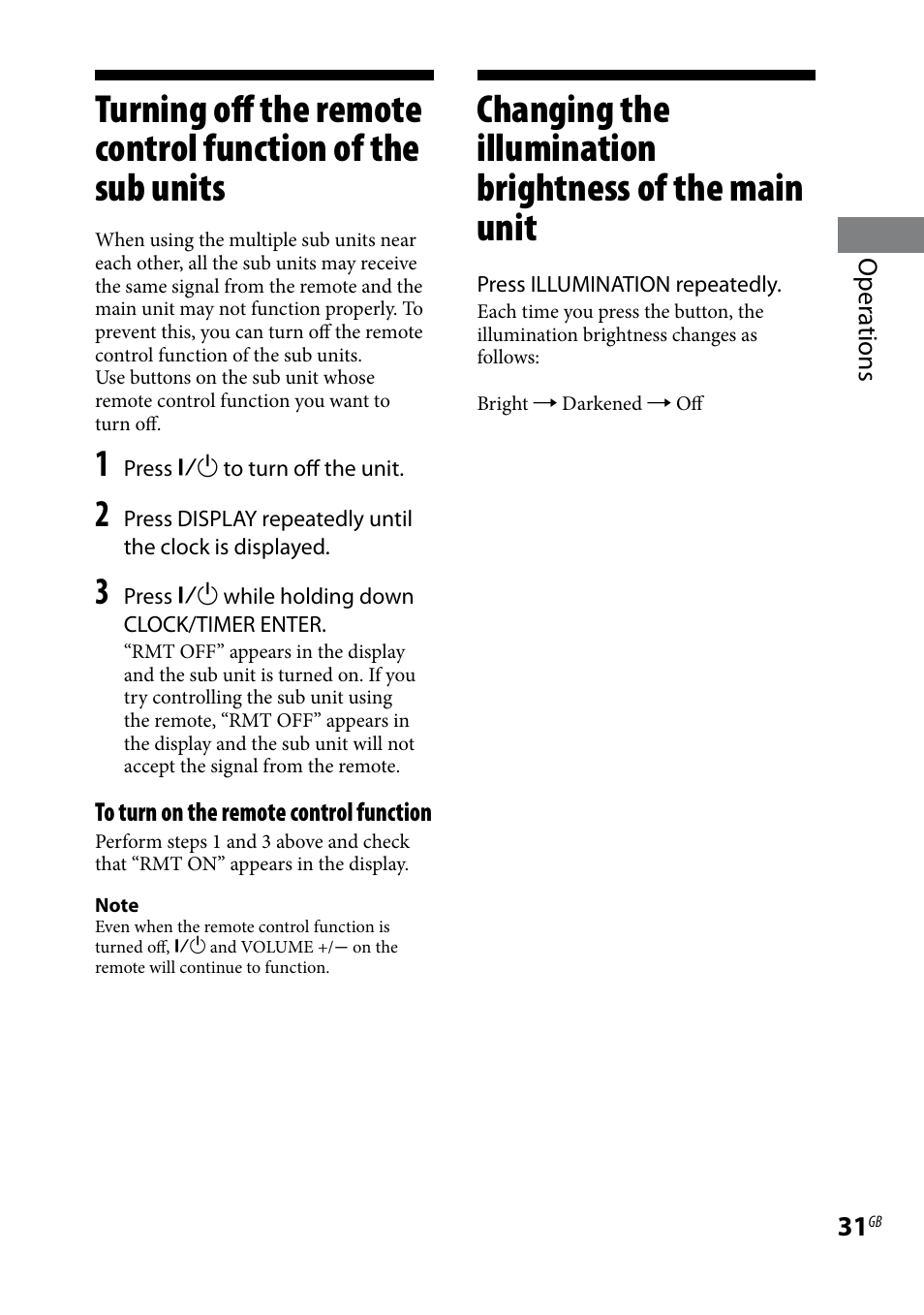 Turning.off.the.remote.control, Brightness.of.the.main.unit | Sony AIR-SA20PK User Manual | Page 31 / 44