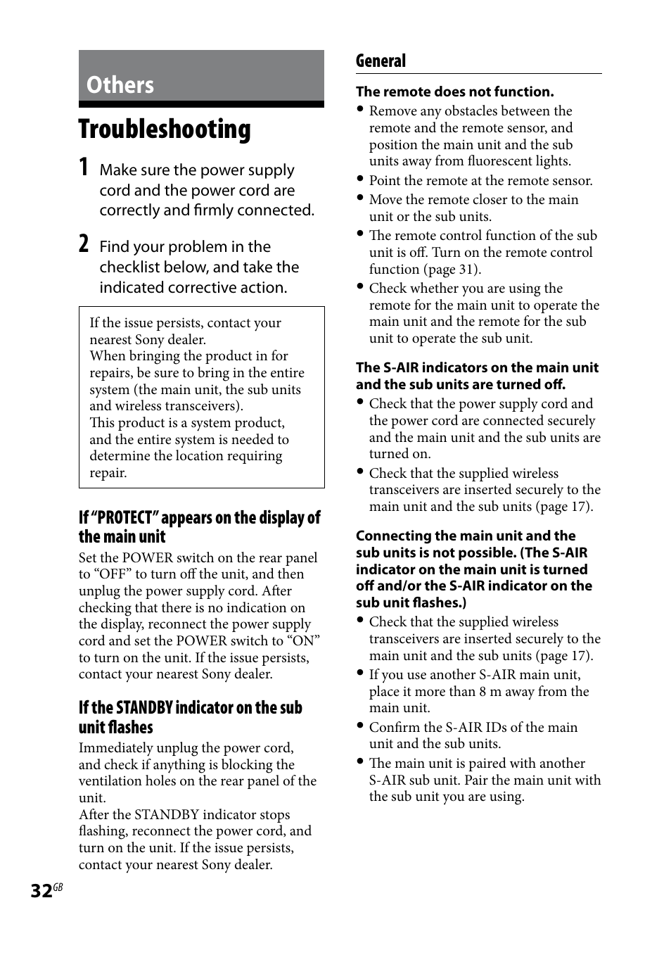 Others, Troubleshooting, If the standby indicator on the sub unit flashes | General | Sony AIR-SA20PK User Manual | Page 32 / 44