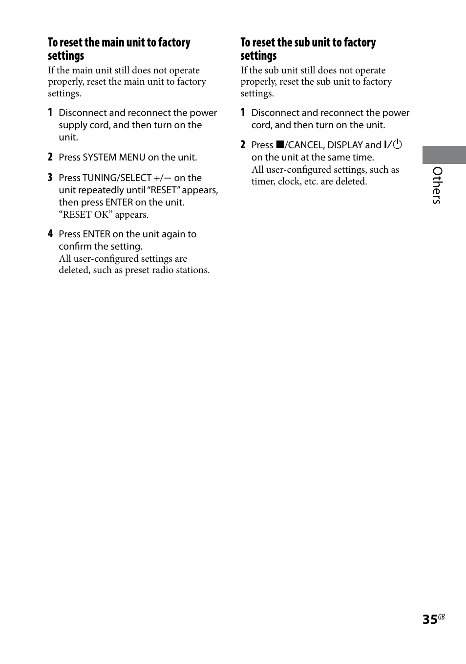 Others to reset the main unit to factory settings | Sony AIR-SA20PK User Manual | Page 35 / 44