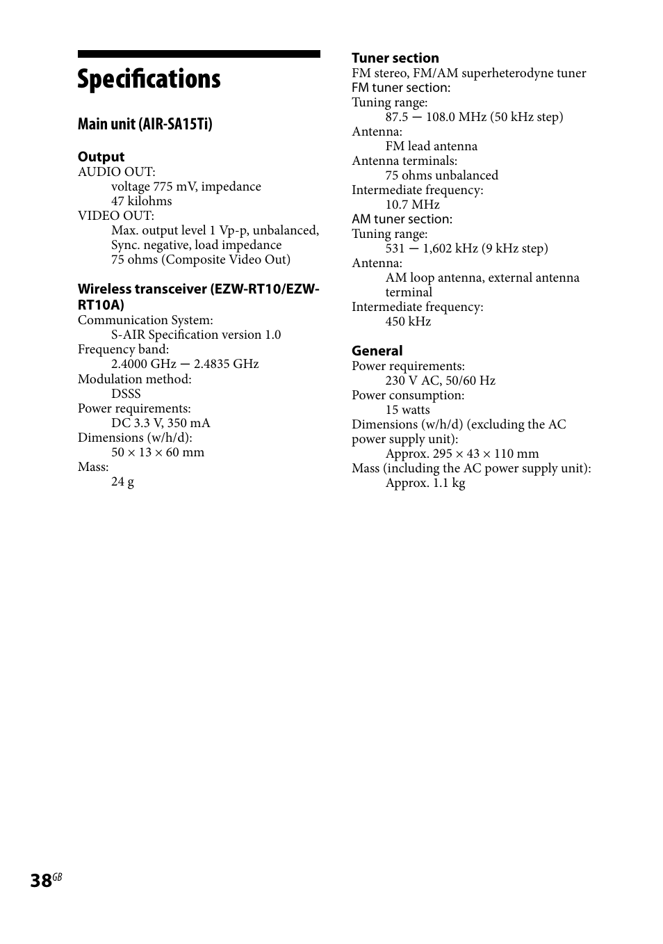 Specifications, Main unit (air-sa15ti) | Sony AIR-SA20PK User Manual | Page 38 / 44