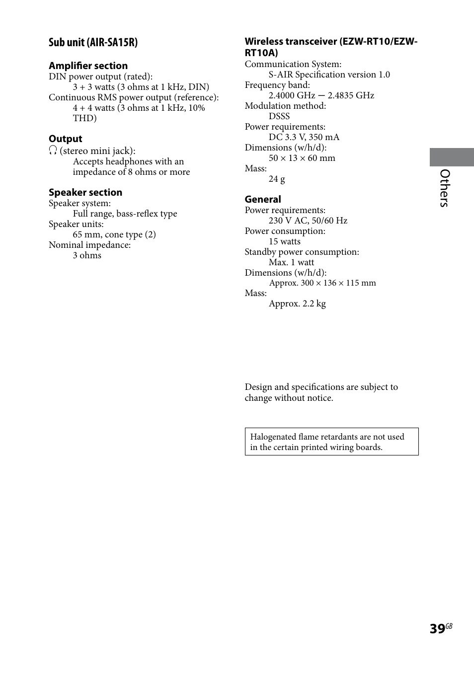 Others, Sub unit (air-sa15r) | Sony AIR-SA20PK User Manual | Page 39 / 44