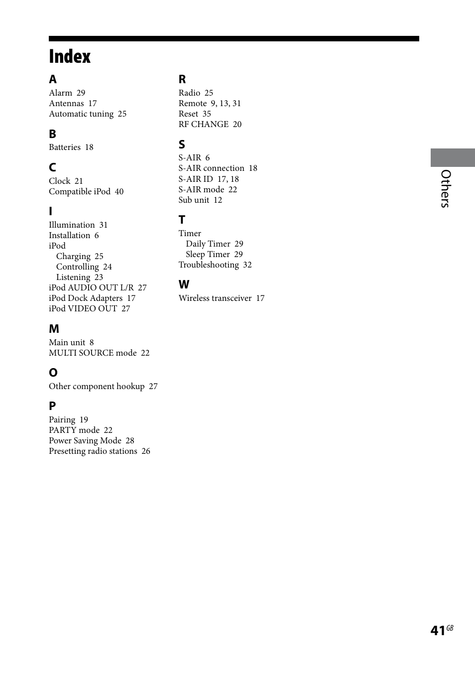 Index, Others | Sony AIR-SA20PK User Manual | Page 41 / 44