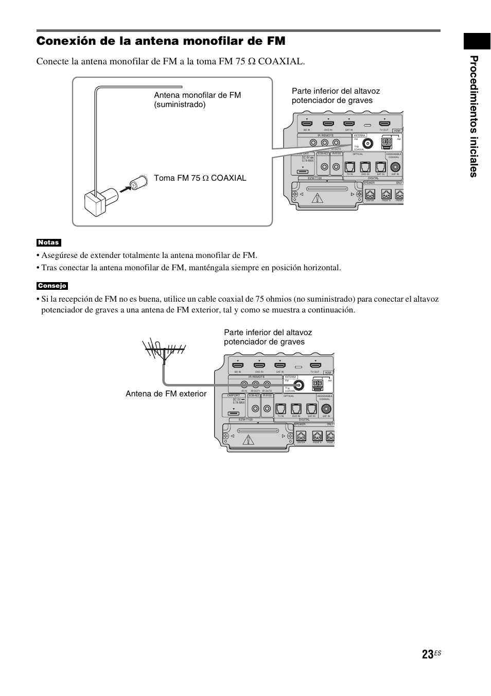 Conexión de la antena monofilar de fm, Pr oc edi m ien tos inic iale s, Notas consejo | Sony HT-IS100 User Manual | Page 103 / 168