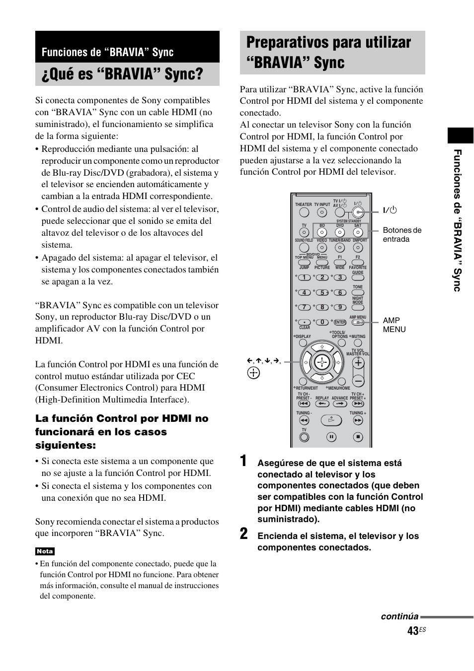 Funciones de “bravia” sync, Qué es “bravia” sync, Preparativos para utilizar “bravia” sync | Sync, Fu ncio nes de “ bra via” sync, Continúa | Sony HT-IS100 User Manual | Page 123 / 168