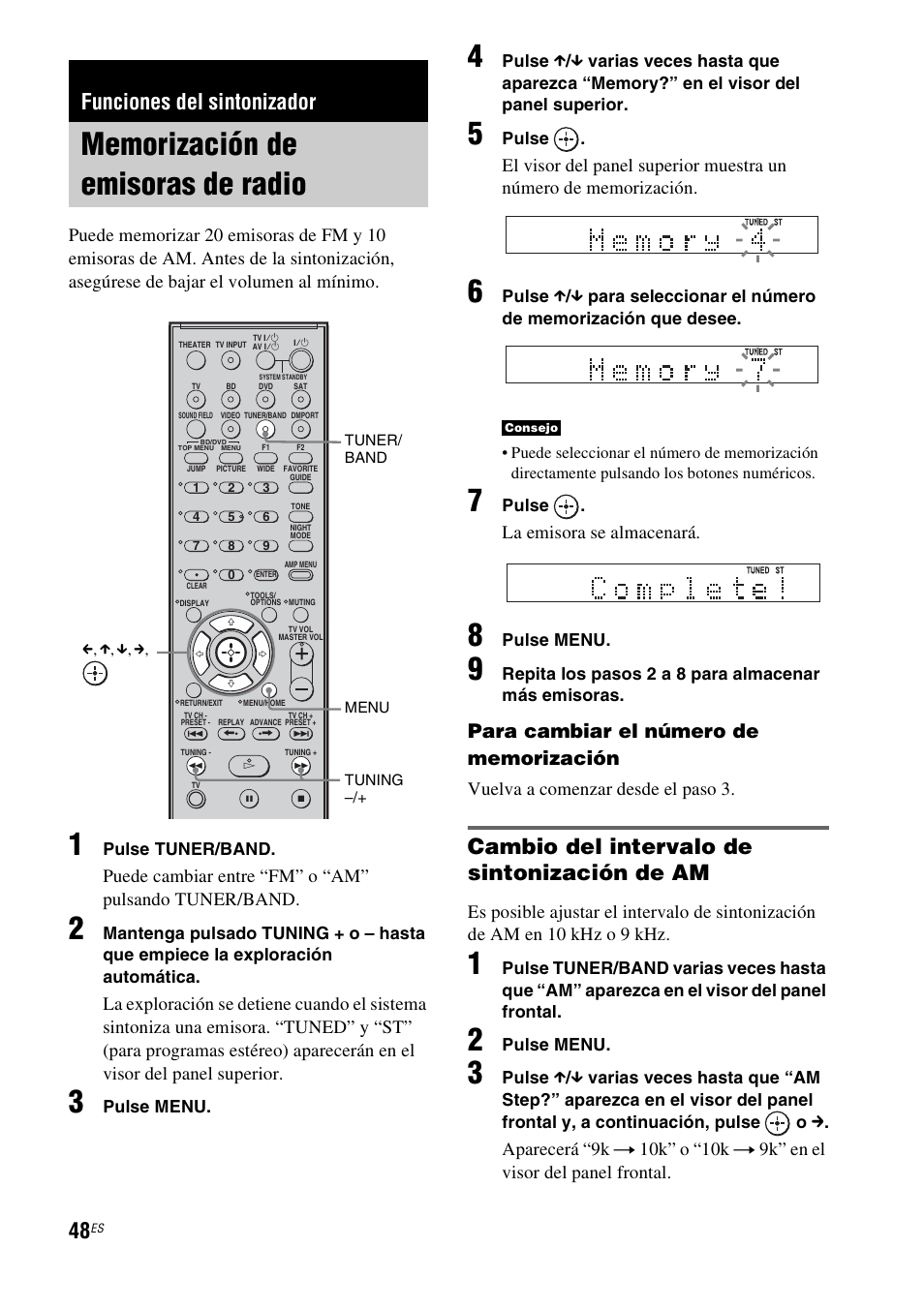 Funciones del sintonizador, Memorización de emisoras de radio, D (48) | Cambio del intervalo de sintonización de am, La emisora se almacenará, Vuelva a comenzar desde el paso 3 | Sony HT-IS100 User Manual | Page 128 / 168