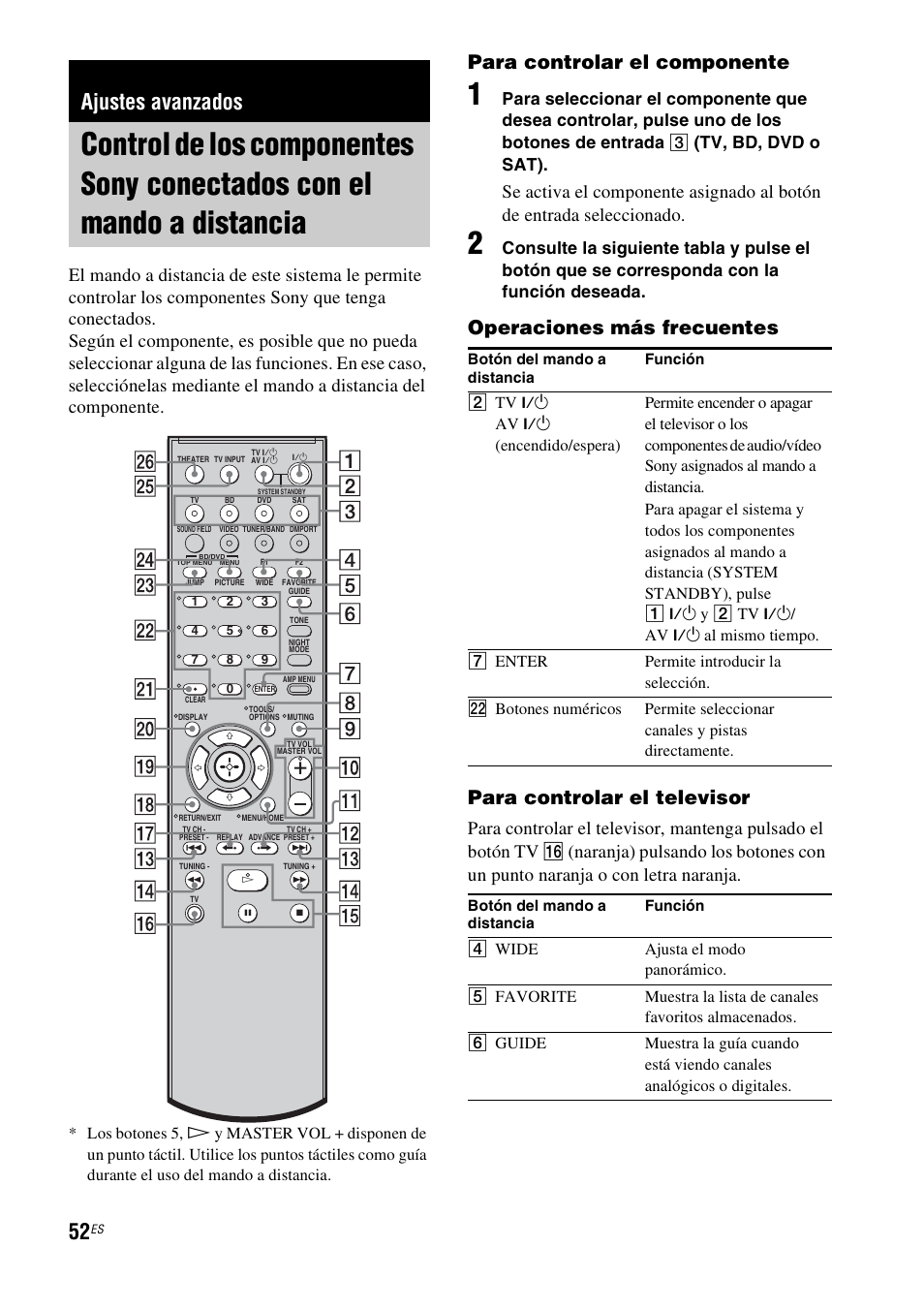 Ajustes avanzados, Control de los componentes sony, Conectados con el mando a distancia | Para controlar el componente, Tv, bd, dvd o sat) | Sony HT-IS100 User Manual | Page 132 / 168