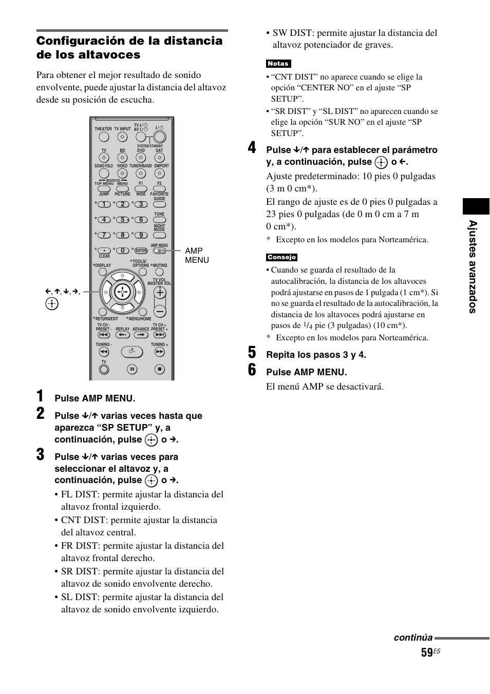 Configuración de la distancia de los altavoces, El menú amp se desactivará | Sony HT-IS100 User Manual | Page 139 / 168