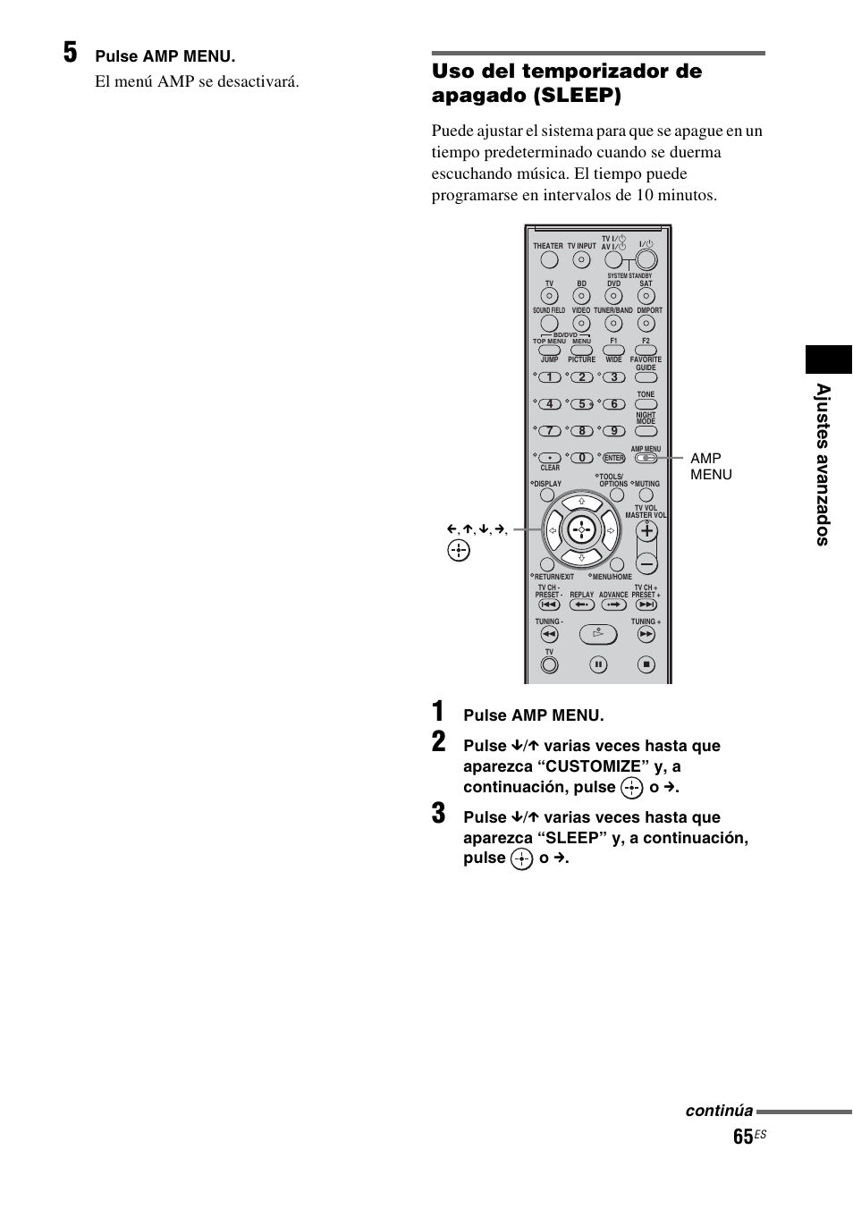 P (65), Uso del temporizador de apagado (sleep), El menú amp se desactivará | Pulse amp menu, Pulse, Continúa | Sony HT-IS100 User Manual | Page 145 / 168