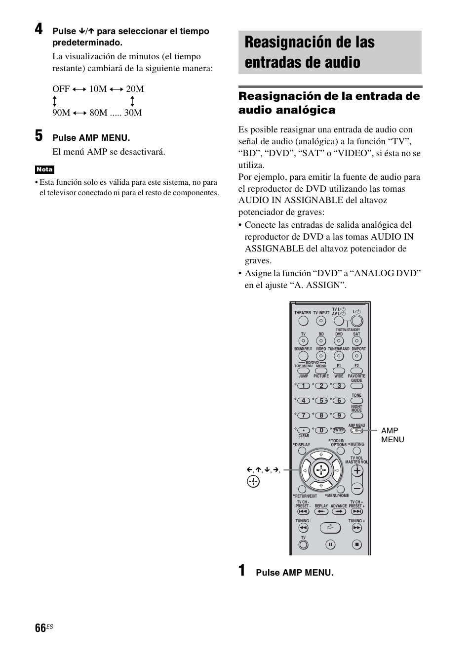 Reasignación de las entradas de audio, Reasignación de las entradas de, Audio | Reasignación de la entrada de audio analógica, El menú amp se desactivará, Pulse, X para seleccionar el tiempo predeterminado, Pulse amp menu | Sony HT-IS100 User Manual | Page 146 / 168