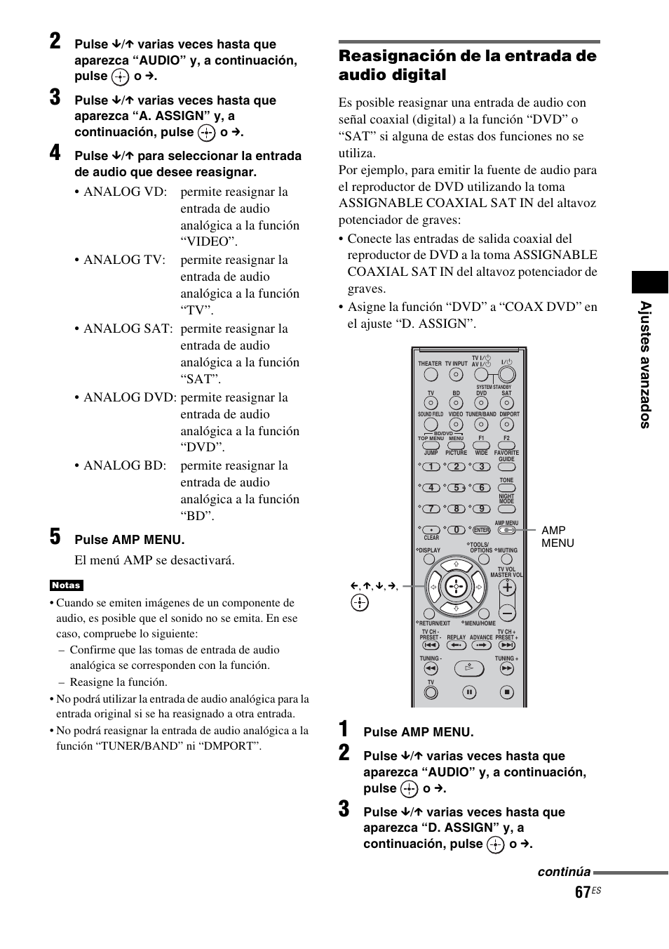 Reasignación de la entrada de audio digital, El menú amp se desactivará | Sony HT-IS100 User Manual | Page 147 / 168