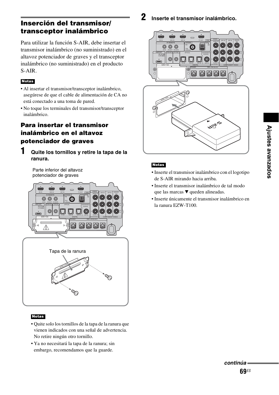 Inserción del transmisor/ transceptor inalámbrico, Quite los tornillos y retire la tapa de la ranura, Inserte el transmisor inalámbrico | Continúa, Notas | Sony HT-IS100 User Manual | Page 149 / 168