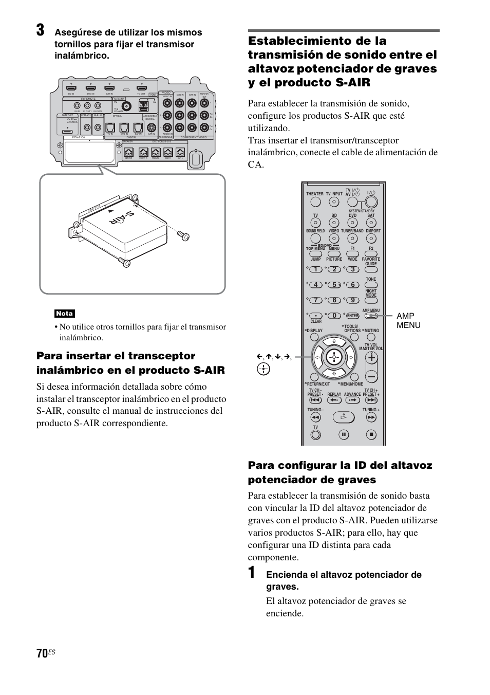 El altavoz potenciador de graves se enciende, Encienda el altavoz potenciador de graves, Amp menu c, x, x, c | Nota, Fg g f | Sony HT-IS100 User Manual | Page 150 / 168