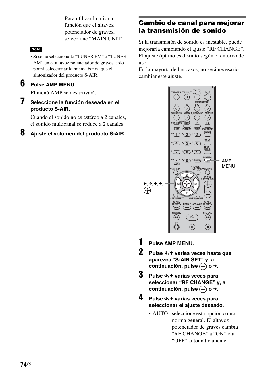 El menú amp se desactivará, Pulse amp menu, Seleccione la función deseada en el producto s-air | Ajuste el volumen del producto s-air, Pulse, X varias veces para seleccionar el ajuste deseado | Sony HT-IS100 User Manual | Page 154 / 168