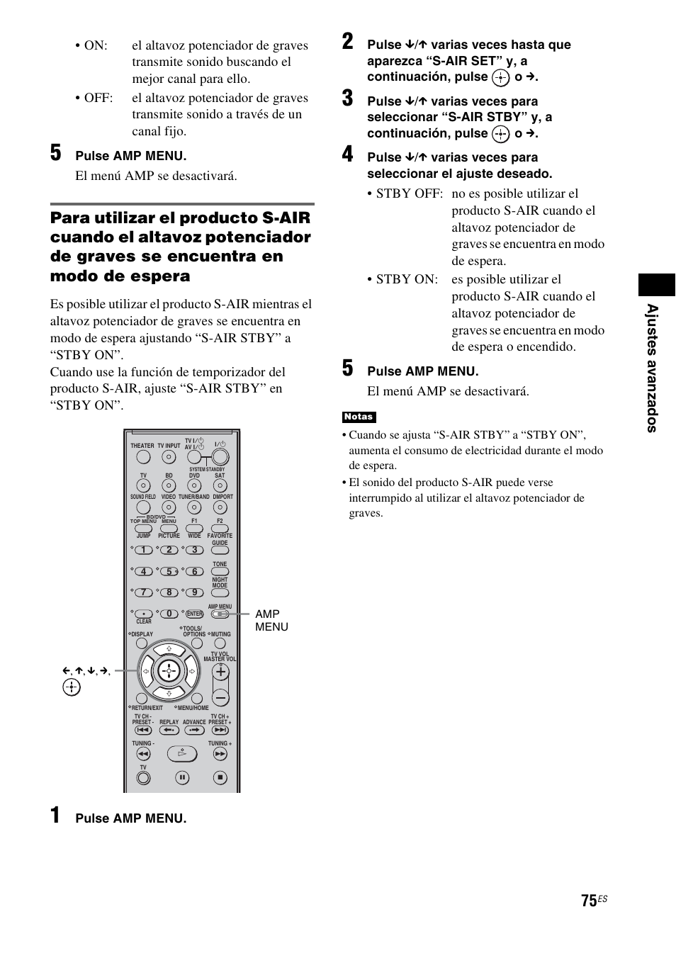 El menú amp se desactivará, Pulse amp menu, Pulse | X varias veces para seleccionar el ajuste deseado | Sony HT-IS100 User Manual | Page 155 / 168