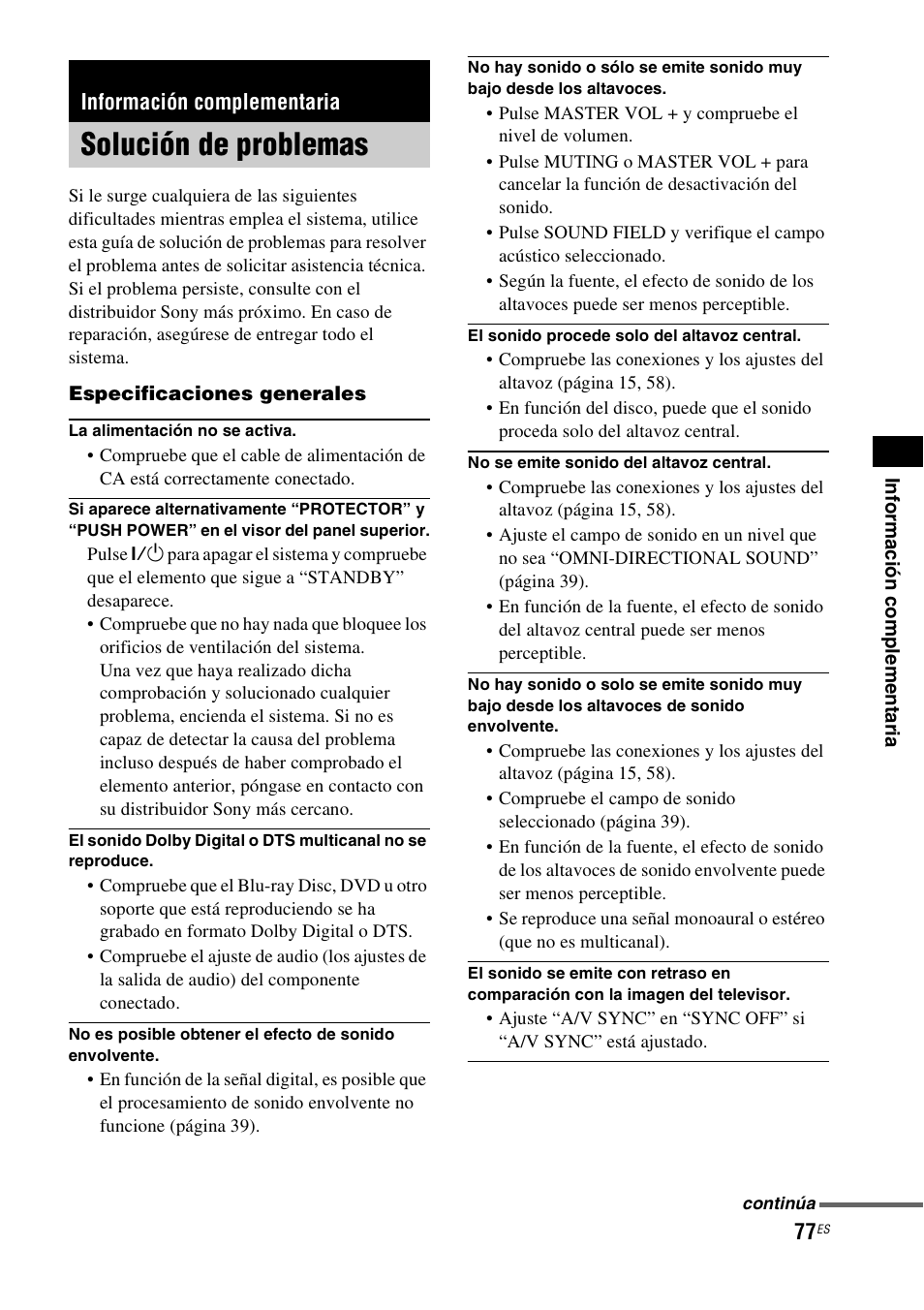 Información complementaria, Solución de problemas | Sony HT-IS100 User Manual | Page 157 / 168