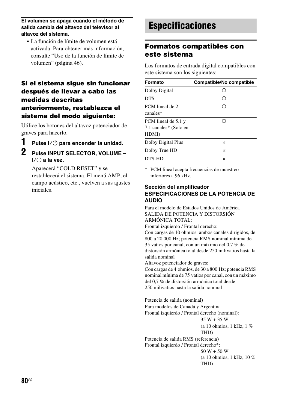 Especificaciones, Formatos compatibles con este sistema | Sony HT-IS100 User Manual | Page 160 / 168