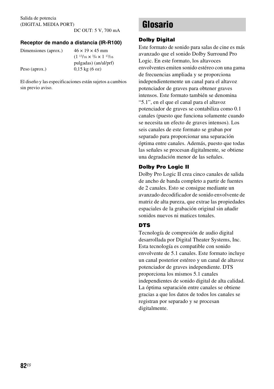 Glosario | Sony HT-IS100 User Manual | Page 162 / 168